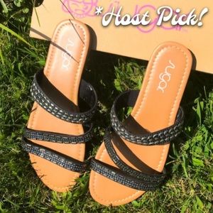 NEW SUGAR BILLIE SILVER STUDDED FLAT SANDALS SIZE 7-8 BLACK 2 STRAP SLIDES *NIB